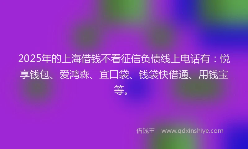 2025年的上海借钱不看征信负债线上电话有：悦享钱包、爱鸿森、宜口袋、钱袋快借通、用钱宝等。