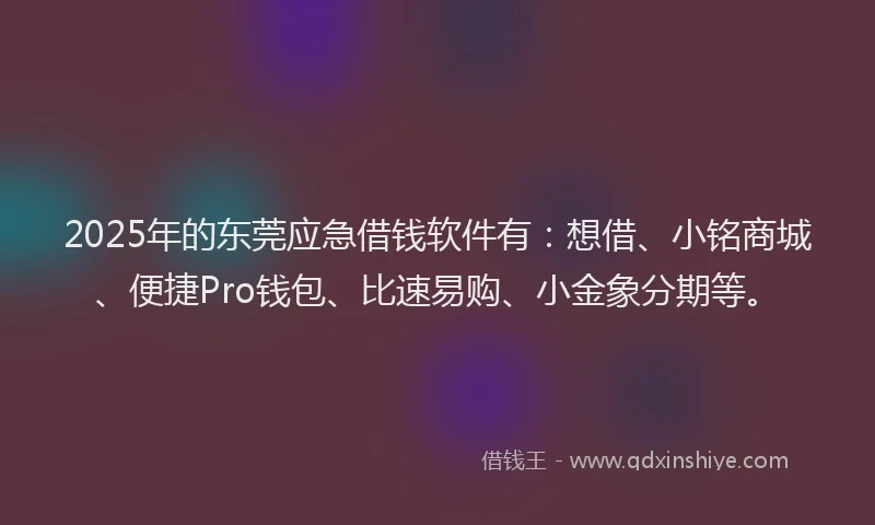 2025年的东莞应急借钱软件有：想借、小铭商城、便捷Pro钱包、比速易购、小金象分期等。