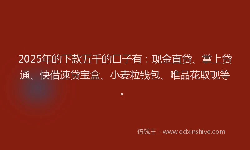 2025年的下款五千的口子有：现金直贷、掌上贷通、快借速贷宝盒、小麦粒钱包、唯品花取现等。