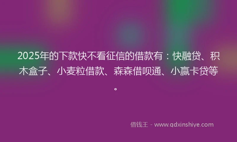 2025年的下款快不看征信的借款有：快融贷、积木盒子、小麦粒借款、森森借呗通、小赢卡贷等。