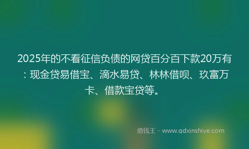 2025年的不看征信负债的网贷百分百下款20万有：现金贷易借宝、滴水易贷、林林借呗、玖富万卡、借款宝贷等。