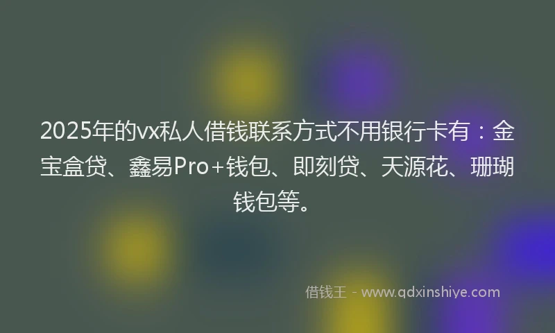2025年的vx私人借钱联系方式不用银行卡有：金宝盒贷、鑫易Pro+钱包、即刻贷、天源花、珊瑚钱包等。