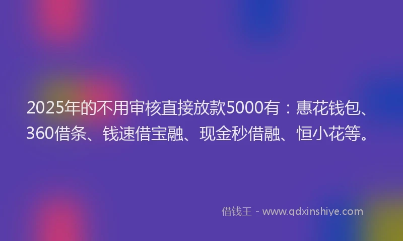 2025年的不用审核直接放款5000有：惠花钱包、360借条、钱速借宝融、现金秒借融、恒小花等。