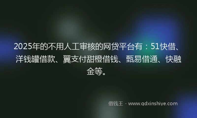 2025年的不用人工审核的网贷平台有：51快借、洋钱罐借款、翼支付甜橙借钱、甄易借通、快融金等。