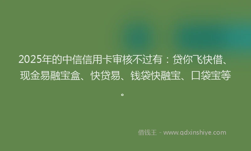 2025年的中信信用卡审核不过有：贷你飞快借、现金易融宝盒、快贷易、钱袋快融宝、口袋宝等。