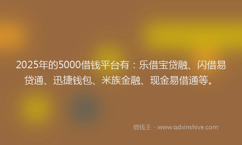 2025年的5000借钱平台有：乐借宝贷融、闪借易贷通、迅捷钱包、米族金融、现金易借通等。