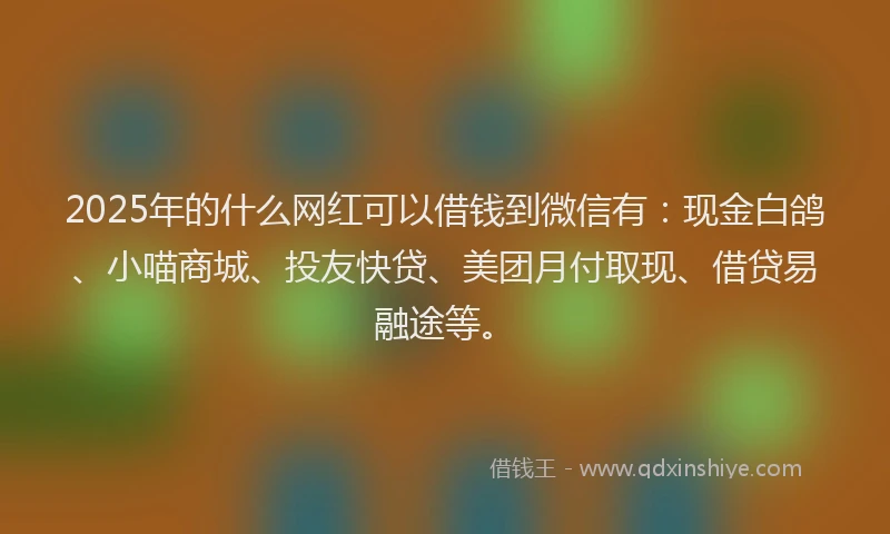 2025年的什么网红可以借钱到微信有：现金白鸽、小喵商城、投友快贷、美团月付取现、借贷易融途等。