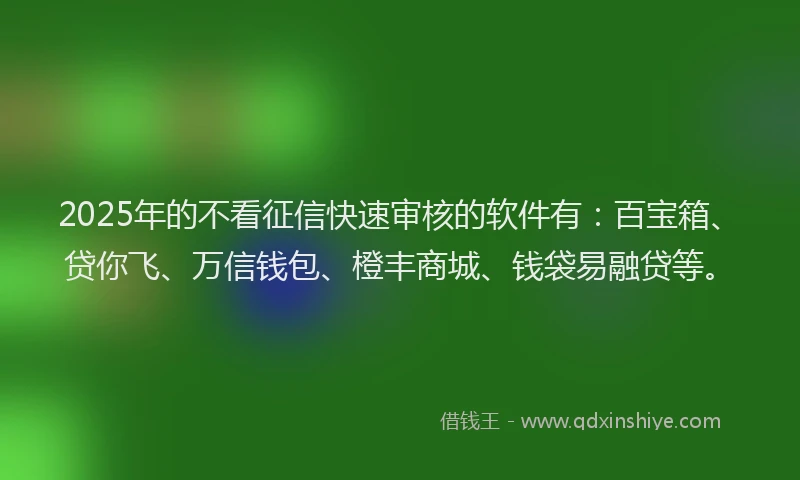 2025年的不看征信快速审核的软件有：百宝箱、贷你飞、万信钱包、橙丰商城、钱袋易融贷等。