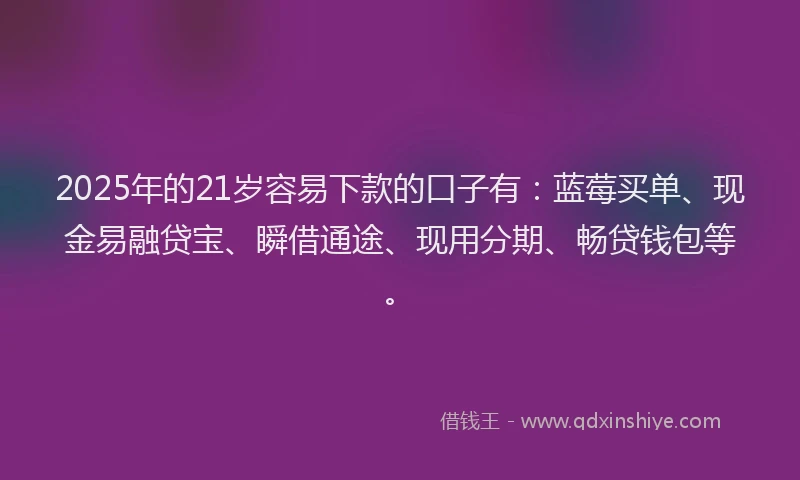 2025年的21岁容易下款的口子有：蓝莓买单、现金易融贷宝、瞬借通途、现用分期、畅贷钱包等。