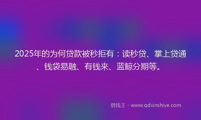 2025年的为何贷款被秒拒有：读秒贷、掌上贷通、钱袋易融、有钱来、蓝鲸分期等。