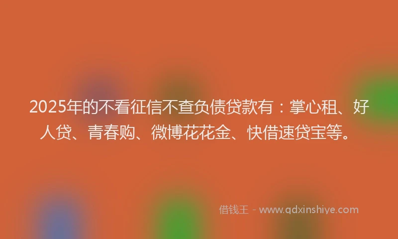 2025年的不看征信不查负债贷款有：掌心租、好人贷、青春购、微博花花金、快借速贷宝等。