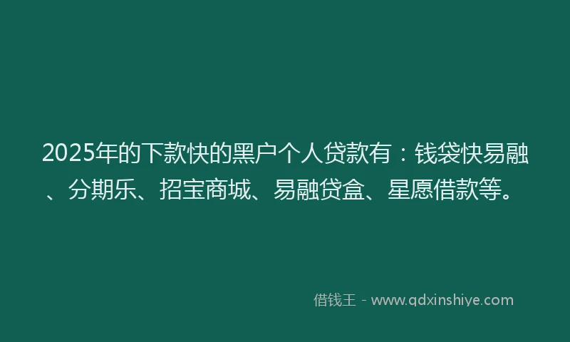 2025年的下款快的黑户个人贷款有：钱袋快易融、分期乐、招宝商城、易融贷盒、星愿借款等。