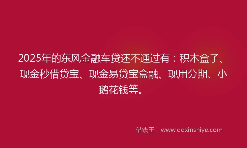 2025年的东风金融车贷还不通过有：积木盒子、现金秒借贷宝、现金易贷宝盒融、现用分期、小鹅花钱等。