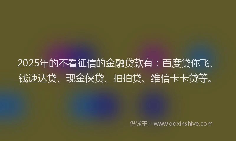 2025年的不看征信的金融贷款有：百度贷你飞、钱速达贷、现金侠贷、拍拍贷、维信卡卡贷等。