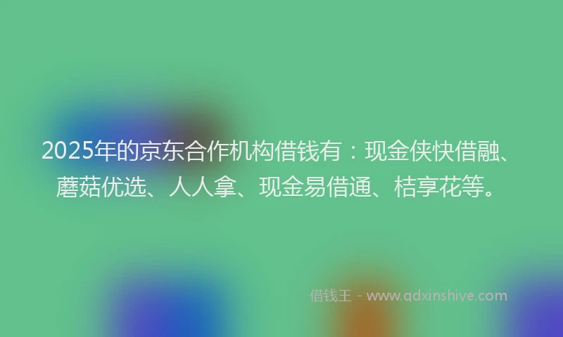 2025年的京东合作机构借钱有：现金侠快借融、蘑菇优选、人人拿、现金易借通、桔享花等。