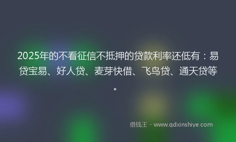 2025年的不看征信不抵押的贷款利率还低有：易贷宝易、好人贷、麦芽快借、飞鸟贷、通天贷等。