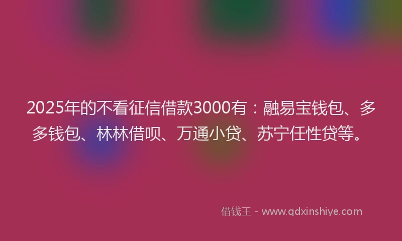 2025年的不看征信借款3000有：融易宝钱包、多多钱包、林林借呗、万通小贷、苏宁任性贷等。