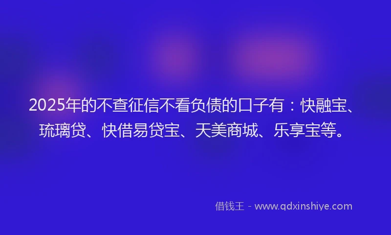 2025年的不查征信不看负债的口子有：快融宝、琉璃贷、快借易贷宝、天美商城、乐享宝等。