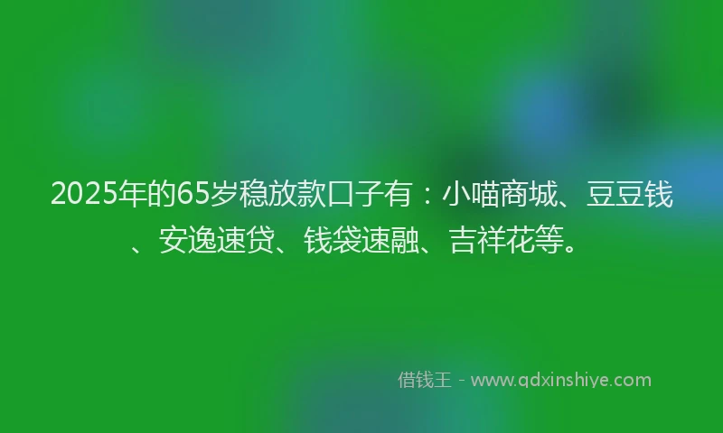 2025年的65岁稳放款口子有：小喵商城、豆豆钱、安逸速贷、钱袋速融、吉祥花等。