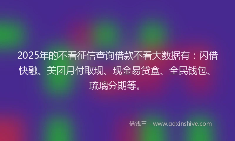 2025年的不看征信查询借款不看大数据有：闪借快融、美团月付取现、现金易贷盒、全民钱包、琉璃分期等。