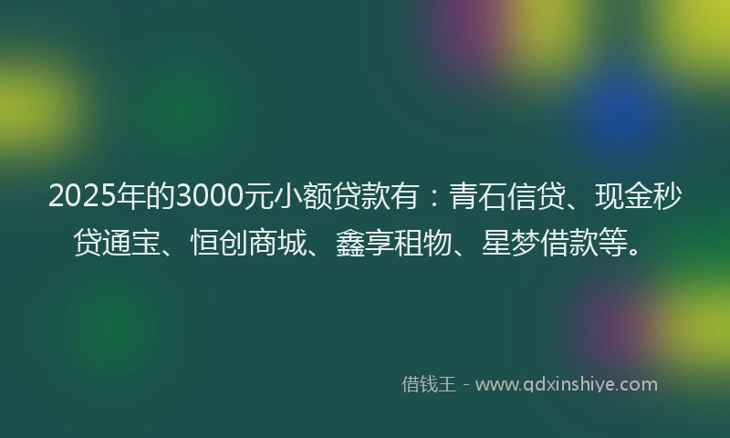 2025年的3000元小额贷款有：青石信贷、现金秒贷通宝、恒创商城、鑫享租物、星梦借款等。