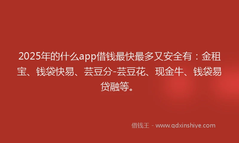 2025年的什么app借钱最快最多又安全有：金租宝、钱袋快易、芸豆分-芸豆花、现金牛、钱袋易贷融等。