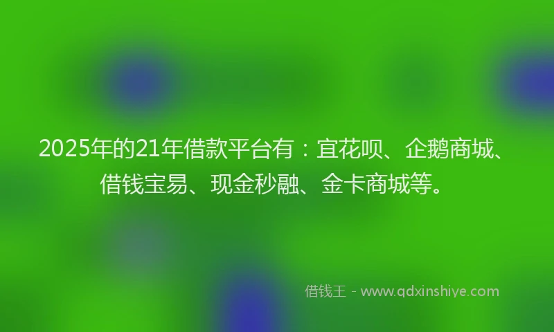 2025年的21年借款平台有：宜花呗、企鹅商城、借钱宝易、现金秒融、金卡商城等。