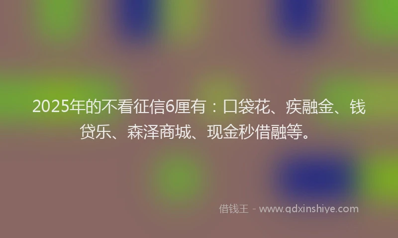 2025年的不看征信6厘有：口袋花、疾融金、钱贷乐、森泽商城、现金秒借融等。