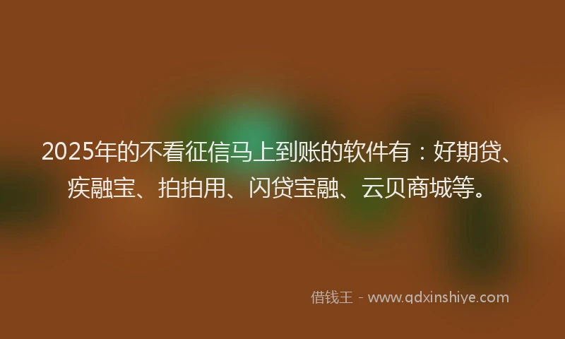 2025年的不看征信马上到账的软件有：好期贷、疾融宝、拍拍用、闪贷宝融、云贝商城等。