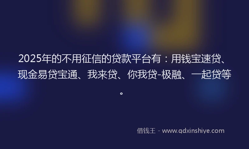 2025年的不用征信的贷款平台有：用钱宝速贷、现金易贷宝通、我来贷、你我贷-极融、一起贷等。