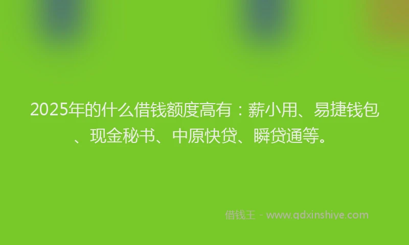 2025年的什么借钱额度高有：薪小用、易捷钱包、现金秘书、中原快贷、瞬贷通等。