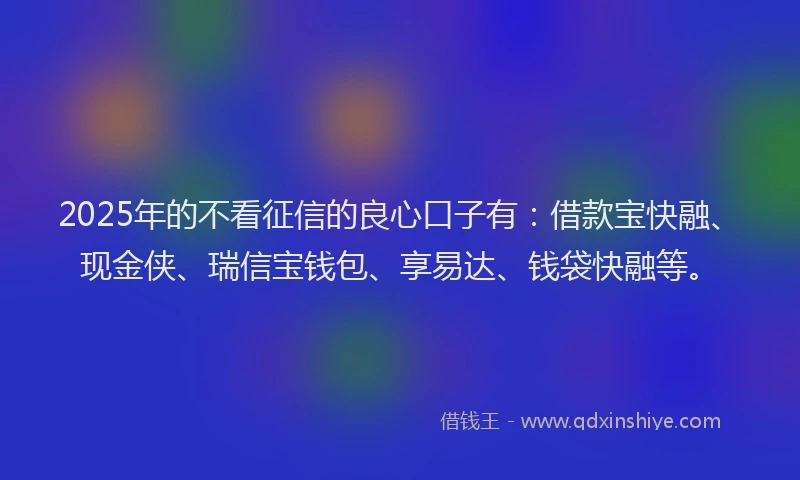2025年的不看征信的良心口子有：借款宝快融、现金侠、瑞信宝钱包、享易达、钱袋快融等。