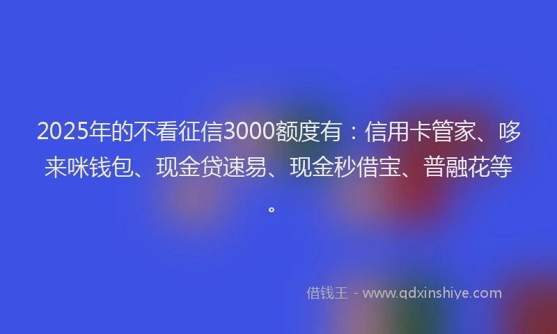 2025年的不看征信3000额度有：信用卡管家、哆来咪钱包、现金贷速易、现金秒借宝、普融花等。