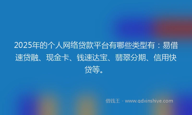 2025年的个人网络贷款平台有哪些类型有：易借速贷融、现金卡、钱速达宝、翡翠分期、信用快贷等。