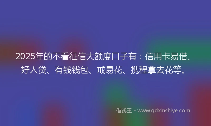 2025年的不看征信大额度口子有：信用卡易借、好人贷、有钱钱包、戒易花、携程拿去花等。