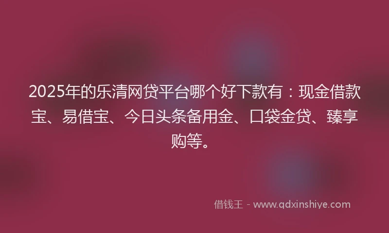 2025年的乐清网贷平台哪个好下款有：现金借款宝、易借宝、今日头条备用金、口袋金贷、臻享购等。