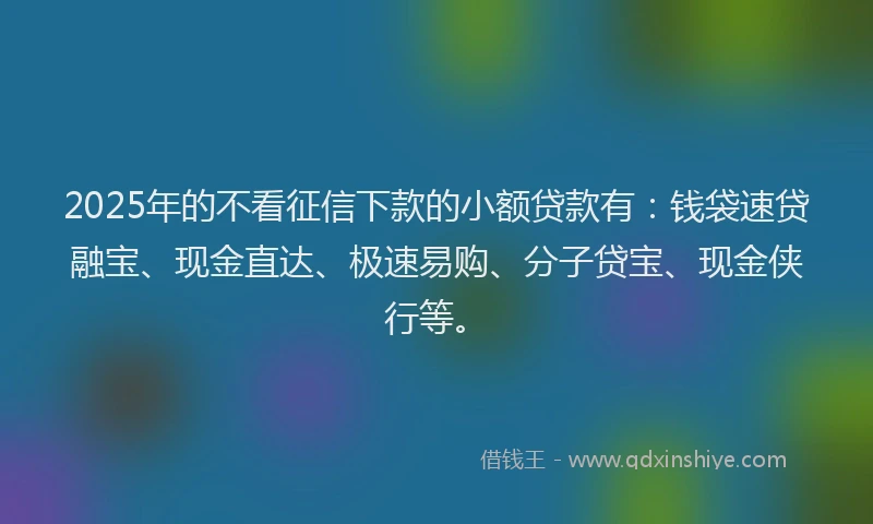 2025年的不看征信下款的小额贷款有：钱袋速贷融宝、现金直达、极速易购、分子贷宝、现金侠行等。