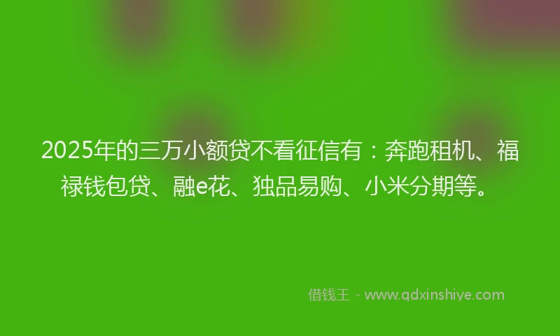 2025年的三万小额贷不看征信有：奔跑租机、福禄钱包贷、融e花、独品易购、小米分期等。