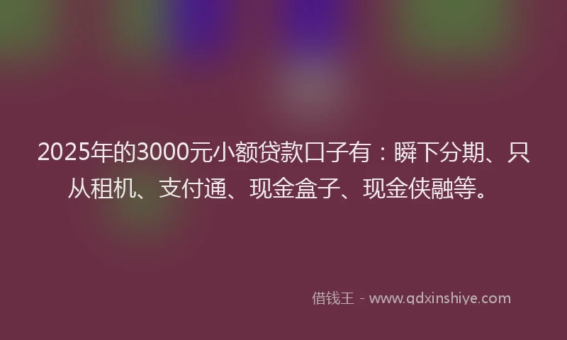 2025年的3000元小额贷款口子有：瞬下分期、只从租机、支付通、现金盒子、现金侠融等。