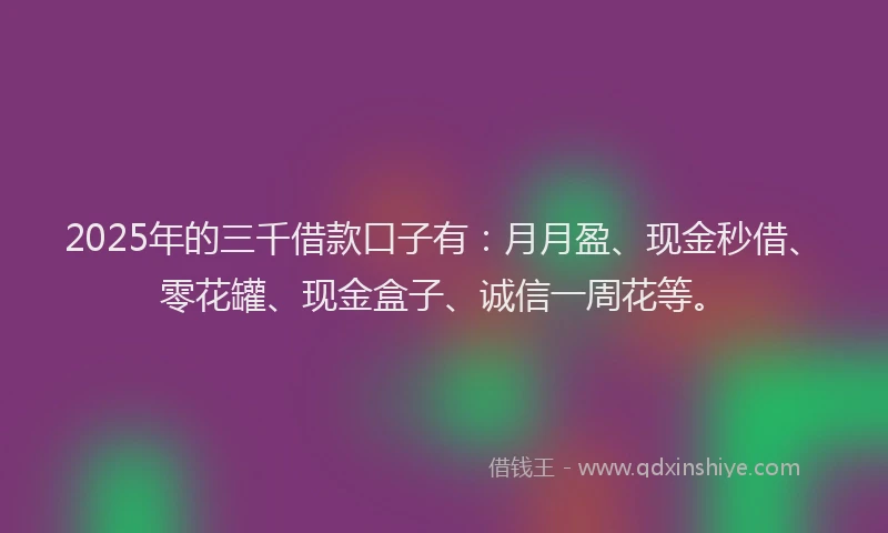 2025年的三千借款口子有：月月盈、现金秒借、零花罐、现金盒子、诚信一周花等。