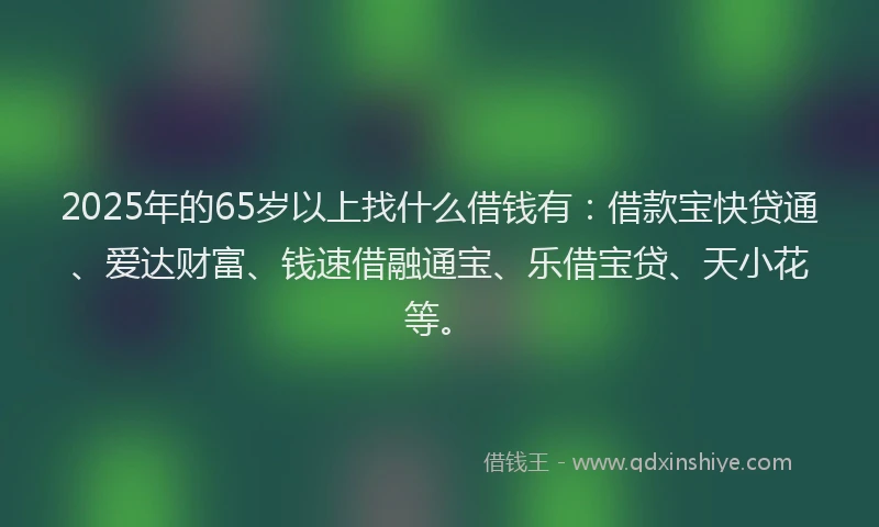 2025年的65岁以上找什么借钱有：借款宝快贷通、爱达财富、钱速借融通宝、乐借宝贷、天小花等。