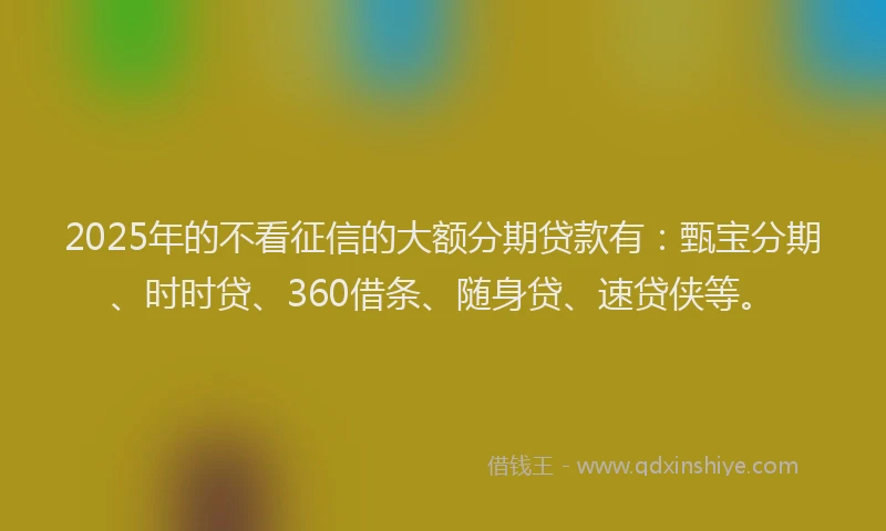 2025年的不看征信的大额分期贷款有：甄宝分期、时时贷、360借条、随身贷、速贷侠等。