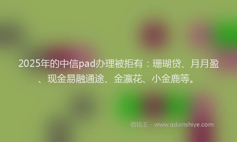 2025年的中信pad办理被拒有：珊瑚贷、月月盈、现金易融通途、金瀛花、小金鹿等。