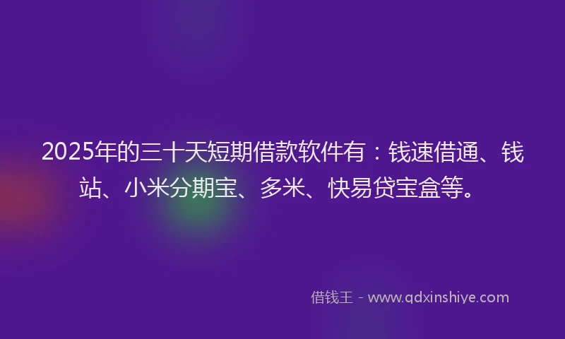 2025年的三十天短期借款软件有：钱速借通、钱站、小米分期宝、多米、快易贷宝盒等。