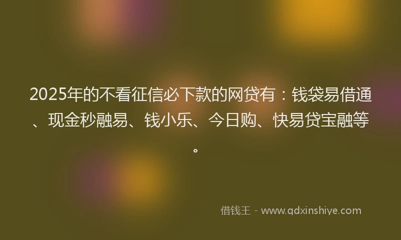 2025年的不看征信必下款的网贷有：钱袋易借通、现金秒融易、钱小乐、今日购、快易贷宝融等。