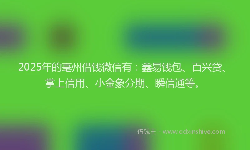 2025年的亳州借钱微信有：鑫易钱包、百兴贷、掌上信用、小金象分期、瞬信通等。