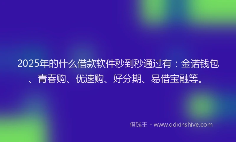 2025年的什么借款软件秒到秒通过有：金诺钱包、青春购、优速购、好分期、易借宝融等。