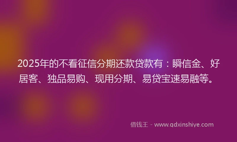 2025年的不看征信分期还款贷款有：瞬信金、好居客、独品易购、现用分期、易贷宝速易融等。