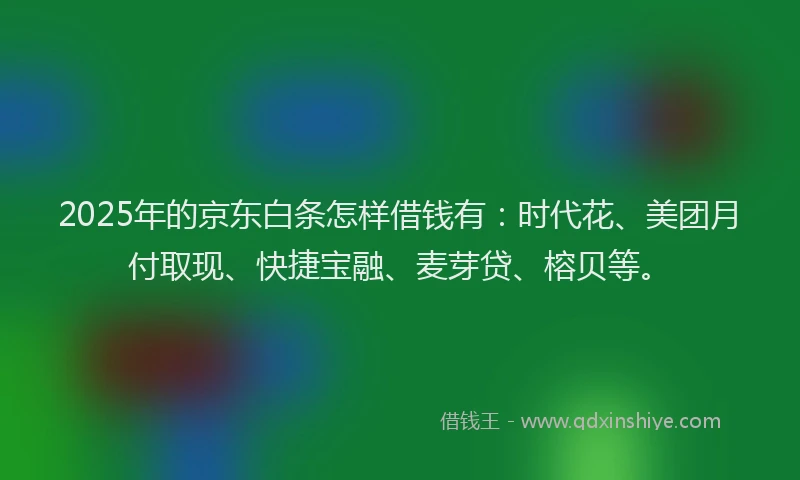 2025年的京东白条怎样借钱有：时代花、美团月付取现、快捷宝融、麦芽贷、榕贝等。