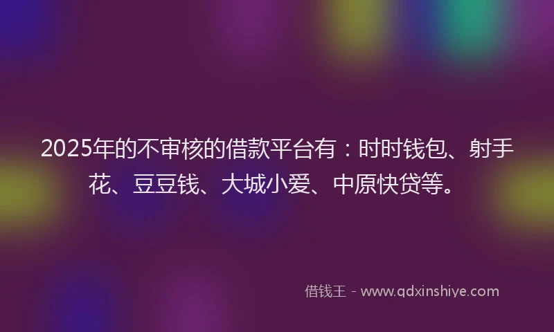 2025年的不审核的借款平台有：时时钱包、射手花、豆豆钱、大城小爱、中原快贷等。